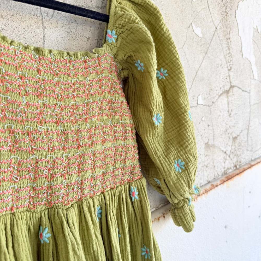 Midi Dress Smocked Puff Sleeve Floral Embroidered Gauze Cottagecore Boho Medium - Picture 3 of 9